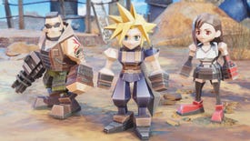 Barret, Cloud and Tifa rendered in retro polygons in Final Fantasy 7 Rebirth