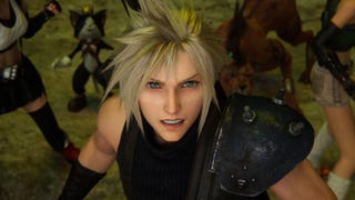 Close up of blonde spiky haired Cloud looking angry with other characters behind him