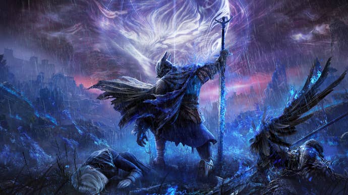 A player character in key art for Elden Ring Nightreign stood with a staff, two dead bodies besides them.