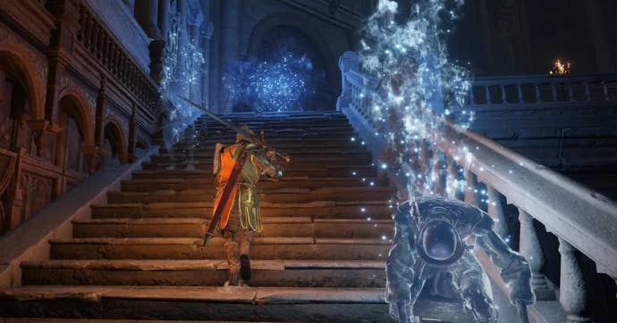 A warrior ascends a staircase inside the Carian Study Hall in Elden Ring.