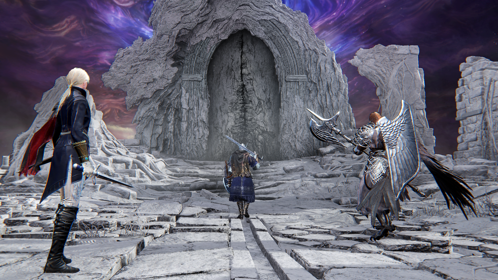 Elden Ring Nightreign screenshot showing three characters walking towards an ominous stone door with a purple sky