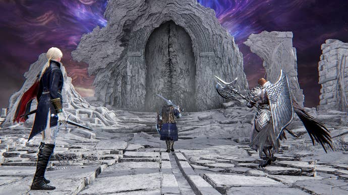 Elden Ring Nightreign screenshot showing three characters walking towards an ominous stone door with a purple sky