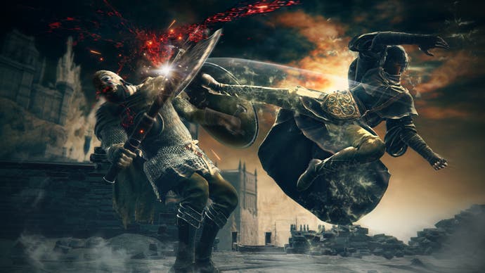 A kétkezes gyűrűs karakterek harcba keverednek, ahol a jobb oldali figura ugrik és bal oldalt rúg az Erdtree árnyékából