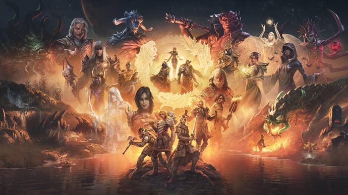 The keyart for The Elder Scrolls Online’s eighth Chapter, Gold Road, featuring a wide range of characters standing on an island, surrounded by golden, glowing water.