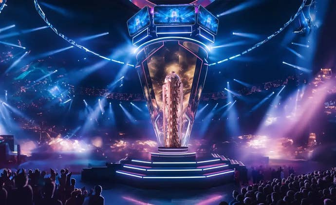 A large image of the Esports World Cup stage; lots of lights and expensively done.