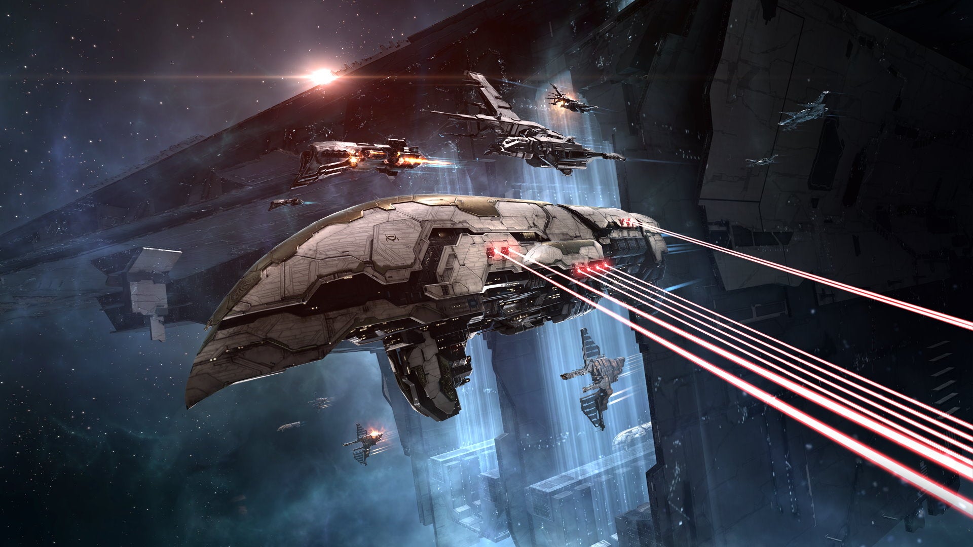 A fleet of battleships fires multiple lasers in Eve Online - 1