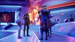 Everywhere screenshot showing characters conversing in a futuristic-looking neon-lit lobby.