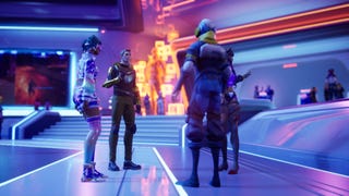 Everywhere screenshot showing characters conversing in a futuristic-looking neon-lit lobby.