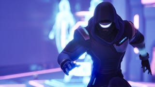 Everywhere screenshot showing cyber character in purple hooded outfit