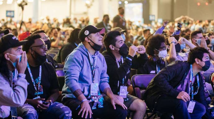 A photograph of onlookers cheering on the competition at EVO 2023.