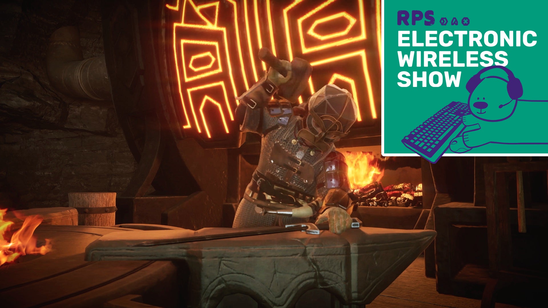 In The Lord of the Rings: Return to Moria, a dwarf blacksmith hammers a sword into shape. An RPS Electronic Wireless Show badge is in the top-right corner.