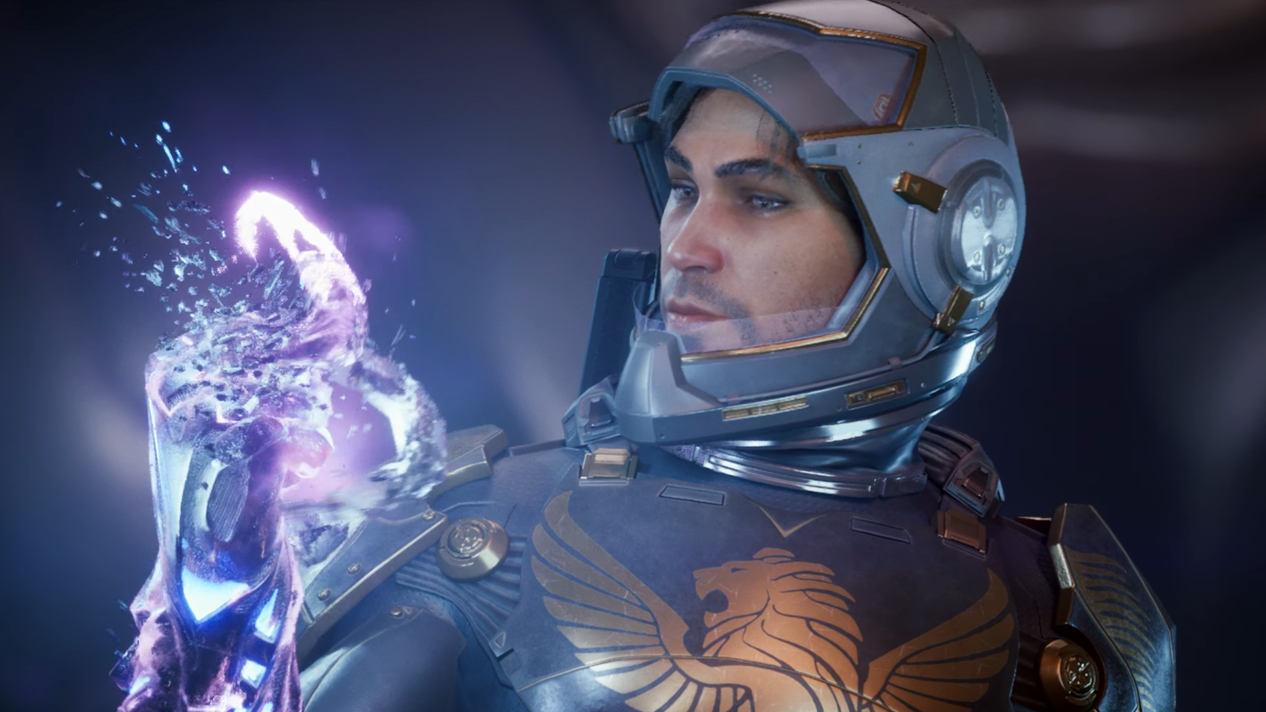 Exodus trailer screenshot showing close up of male protagonist in space helmet holding purple energy in his hand