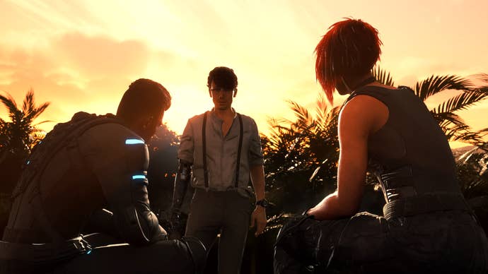 Three characters talk against a sunset in Exoprimal