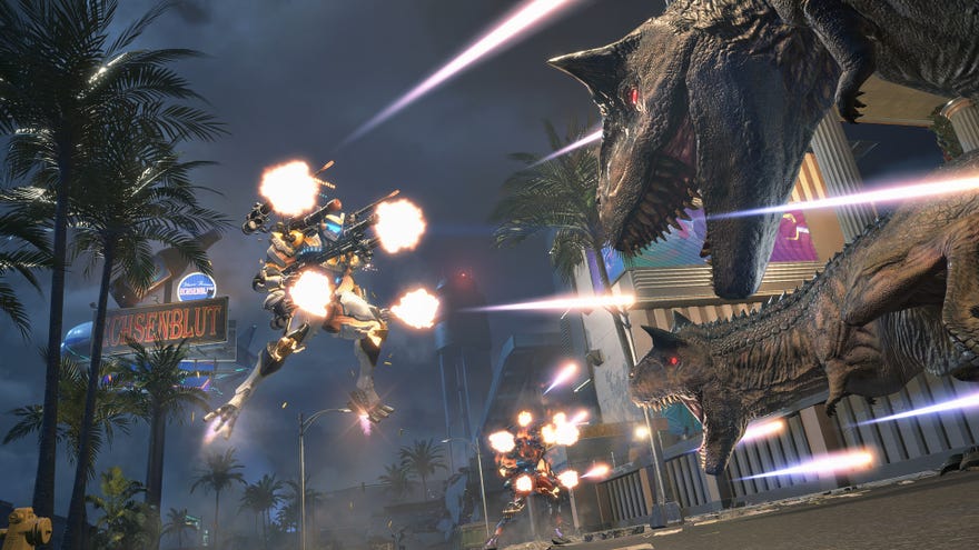 A mech suit sprays missles at the open jaws of a T-Rex in Exoprimal