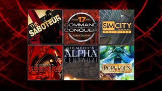 The boxart for EA games The Saboteur, Command & Conquer - The Ultimate Collection, Sim City 3000 Unlimited, Dungeon Keeper 2, Sid Meier's Alpha Centauri, and Populous lined up next to each other