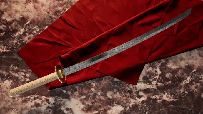 A realistic-looking weathered katana with a achromatic grip connected a reddish cloth background, created by a idiosyncratic successful Bladesong.