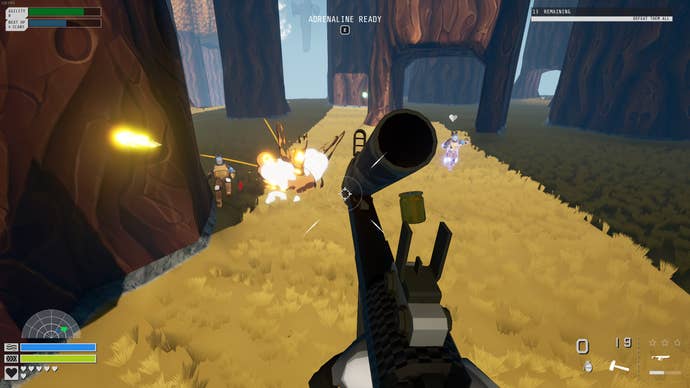 Firing a grenade launcher at enemies in Echo Point Nova.