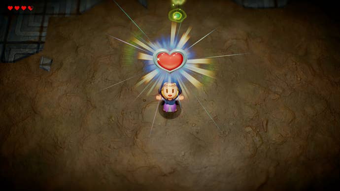 Princess Zelda holding a full Heart Container, made of four Heart Pieces up above her head in Zelda: Echoes of Wisdom.