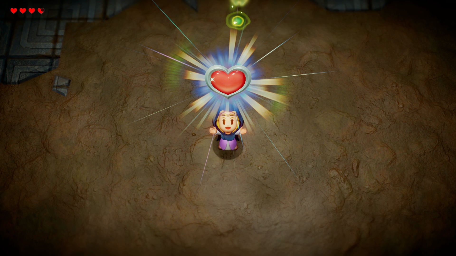 Princess Zelda holding a full Heart Container, made of four Heart Pieces up above her head in Zelda: Echoes of Wisdom. - 1