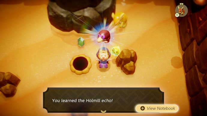 Princess Zelda collecting the Holmill Echo in Zelda: Echoes of Wisdom.