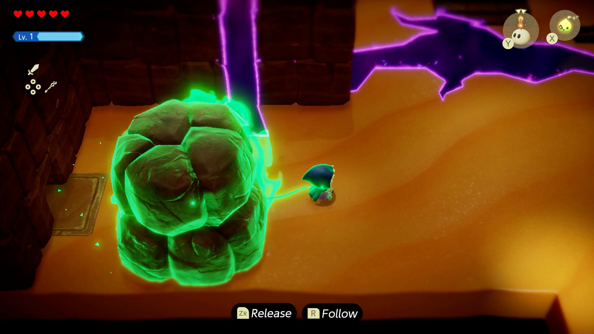 Princess Zelda pulling a giant boulder to reveal a secret door in the Ancestor's Cave of Rest in Zelda: Echoes of Wisdom. - 3