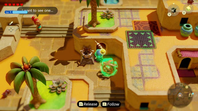 Princess Zelda pulling a tumbleweed through the streets of Gerudo Town in Zelda: Echoes of Wisdom.