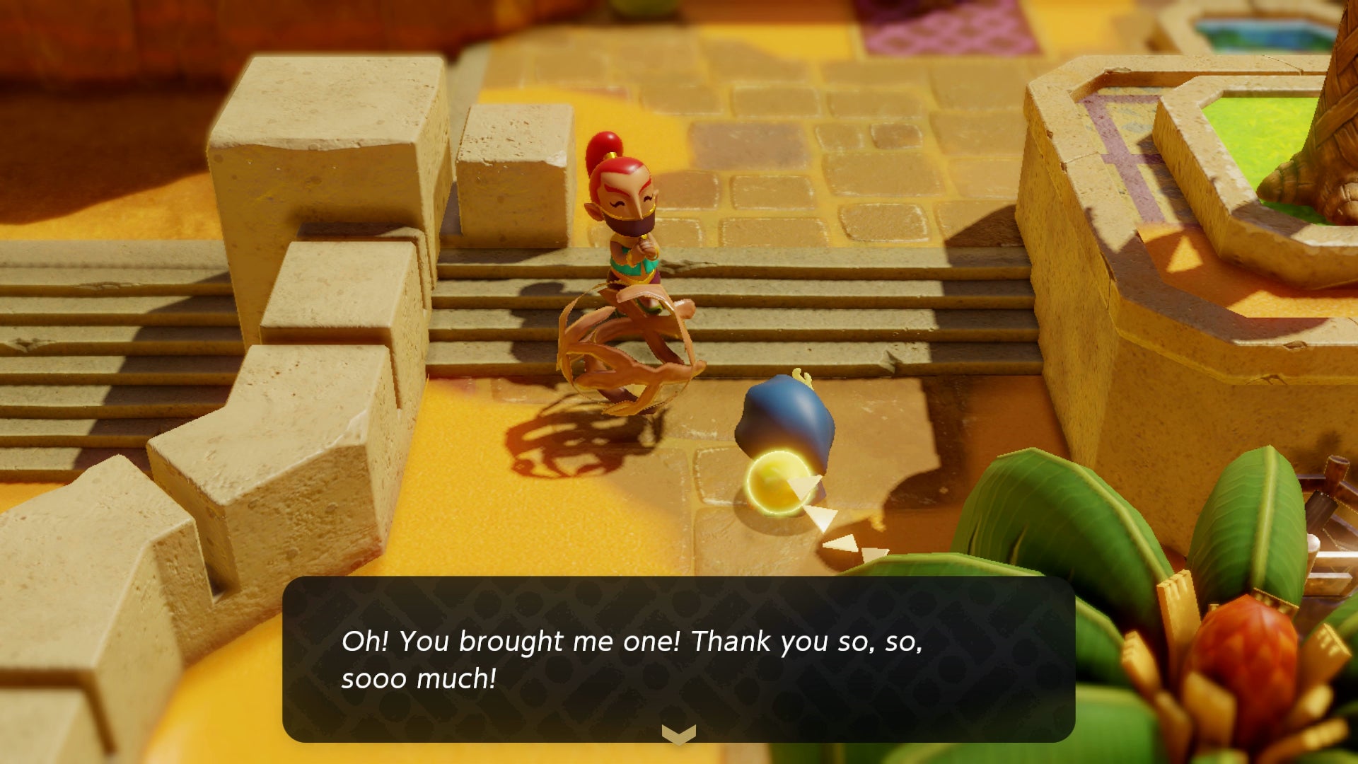 Princess Zelda presenting a Gerudo researcher with a tumbleweed in Zelda: Echoes of Wisdom. - 6