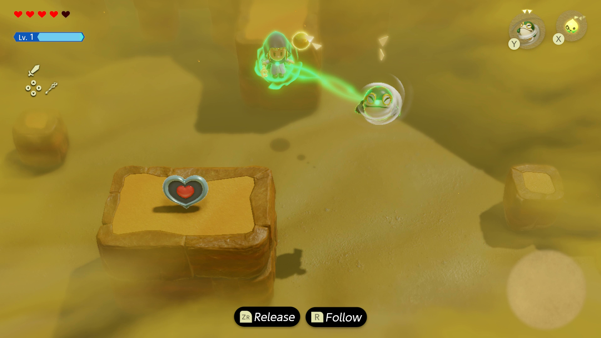 Princess Zelda riding a Tornando Echo towards a Heart Piece in the Gerudo Desert in Zelda: Echoes of Wisdom. - 1