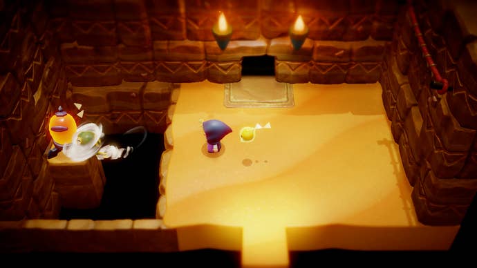 Princess Zelda firing a gust of wind to flip a switch in the Gerudo Sanctum in Zelda: Echoes of Wisdom.