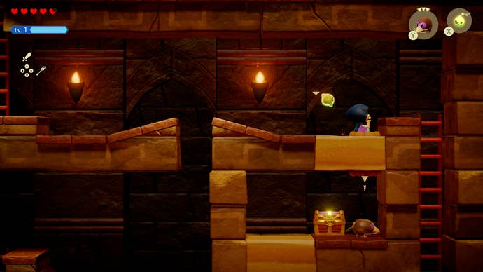 Princess Zelda dropping through a hole in a sandy floor in the Gerudo Sanctum in Zelda: Echoes of Wisdom.