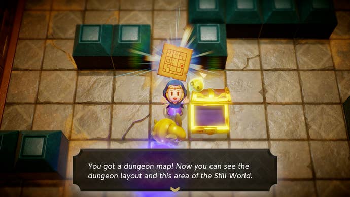 Princess Zelda holding up the Gerudo Sanctum Dungeon Map in Zelda: Echoes of Wisdom.