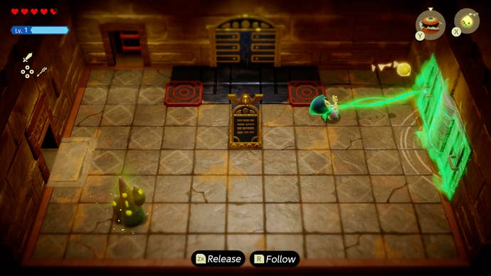 Princess Zelda using magic to swing open a hidden door in the Gerudo Sanctum in Zelda: Echoes of Wisdom.