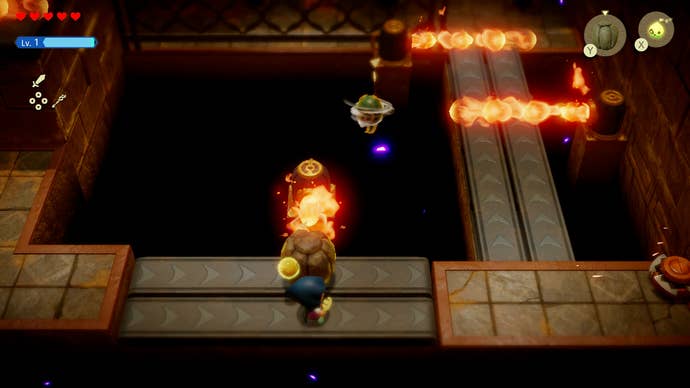 Princess Zelda hiding behind a boulder to avoid a jet of flame in the Gerudo Sanctum in Zelda: Echoes of Wisdom.