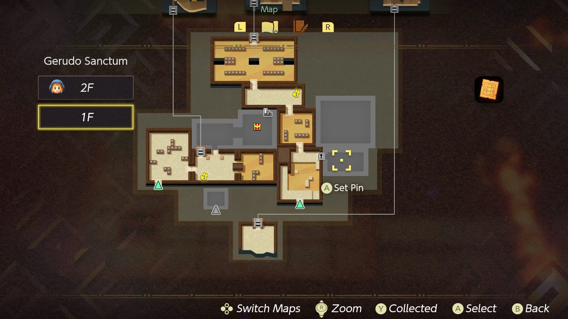 A map screen showing a warp point in the Gerudo Sanctum in Zelda: Echoes of Wisdom. - 32