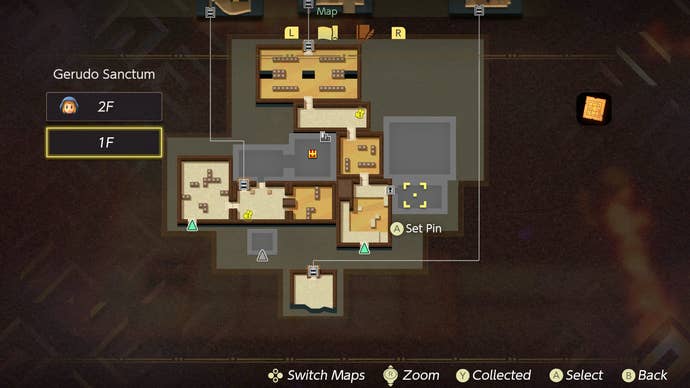 A map screen showing a warp point in the Gerudo Sanctum in Zelda: Echoes of Wisdom.