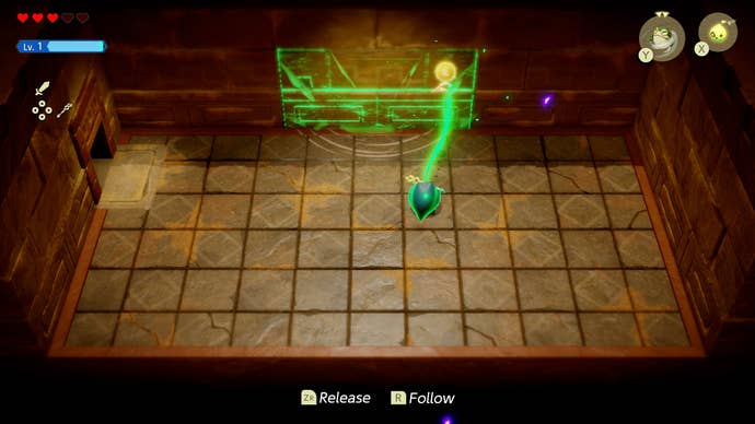 Princess Zelda using magic to pull open a hidden door in the Gerudo Sanctum in Zelda: Echoes of Wisdom.