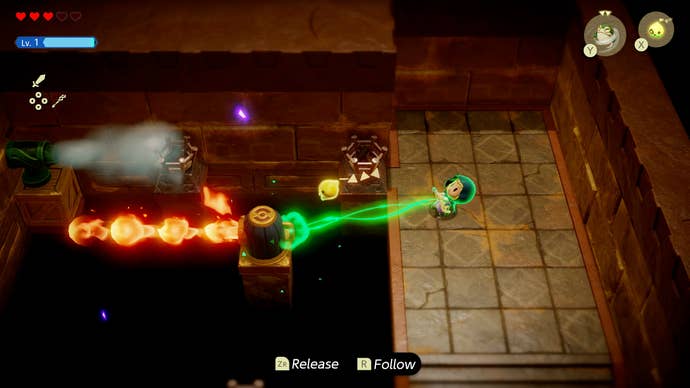 Princess Zelda using magic to twist a flame jet in the Gerudo Sanctum in Zelda: Echoes of Wisdom.