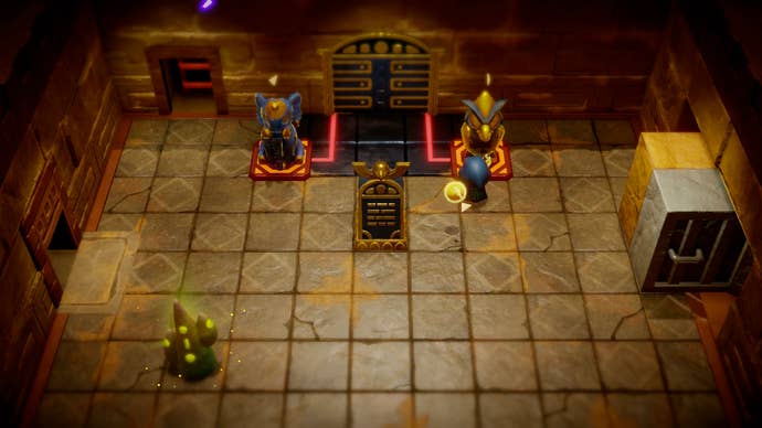 Princess Zelda using a hawk statue and elephant statue to open a sliding door in the Gerudo Sanctum in Zelda: Echoes of Wisdom.