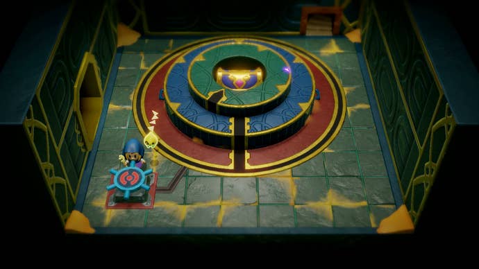 Princess Zelda twisting a wheel to reveal a treasure chest in the Gerudo Sanctum in Zelda: Echoes of Wisdom.