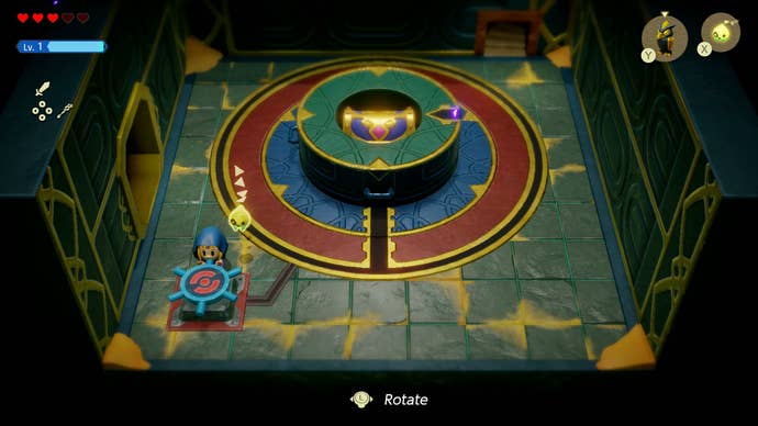 Princess Zelda twisting a wheel to solve a sliding block puzzle in the Gerudo Sanctum in Zelda: Echoes of Wisdom.