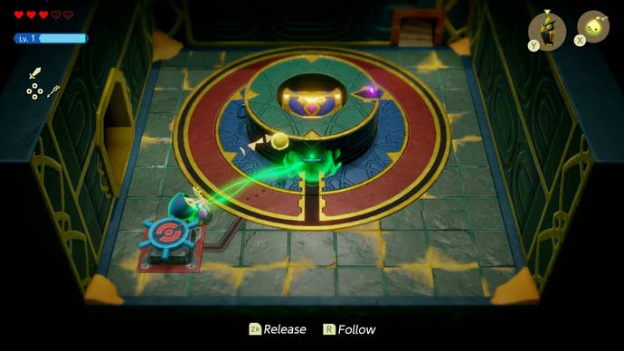 Princess Zelda using magic to pull a block and reveal a treasure chest in the Gerudo Sanctum in Zelda: Echoes of Wisdom.