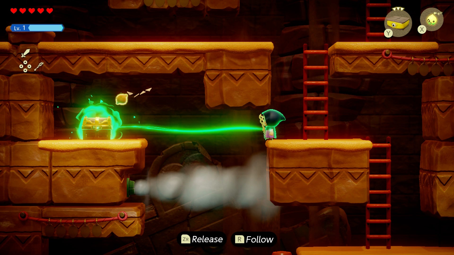 Princess Zelda using magic to pull a treasure chest in the Gerudo Sanctum in Zelda: Echoes of Wisdom. - 7