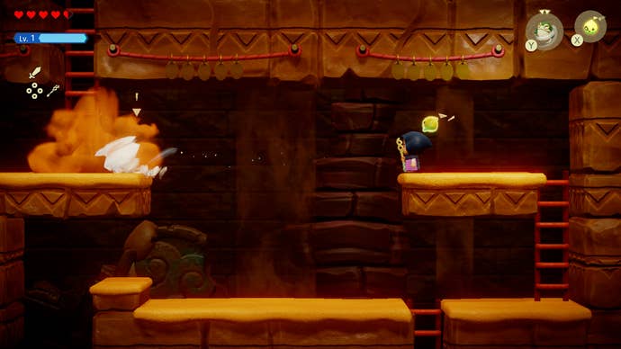 Princess Zelda blowing a gust of wind to remove a sand pile in the Gerudo Sanctum in Zelda: Echoes of Wisdom.