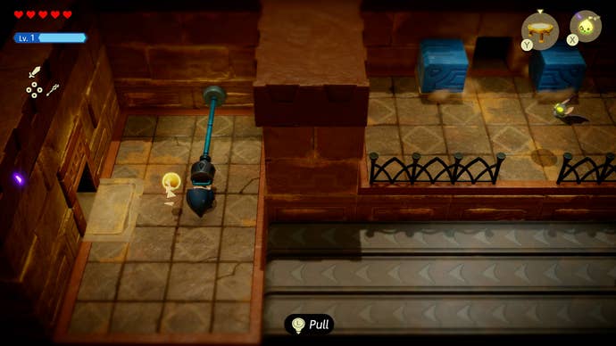 Princess Zelda pulling a lever to open a blue door in the Gerudo Sanctum in Zelda: Echoes of Wisdom.
