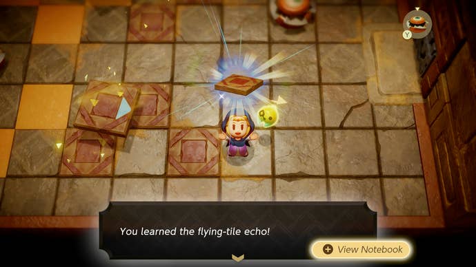 Princess Zelda holding a Flying Tile Echo in Zelda: Echoes of Wisdom.