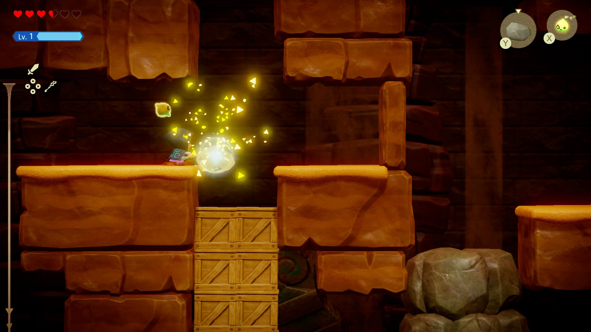 Princess Zelda dropping a heavy stone onto some wooden boxes in Zelda: Echoes of Wisdom. - 4