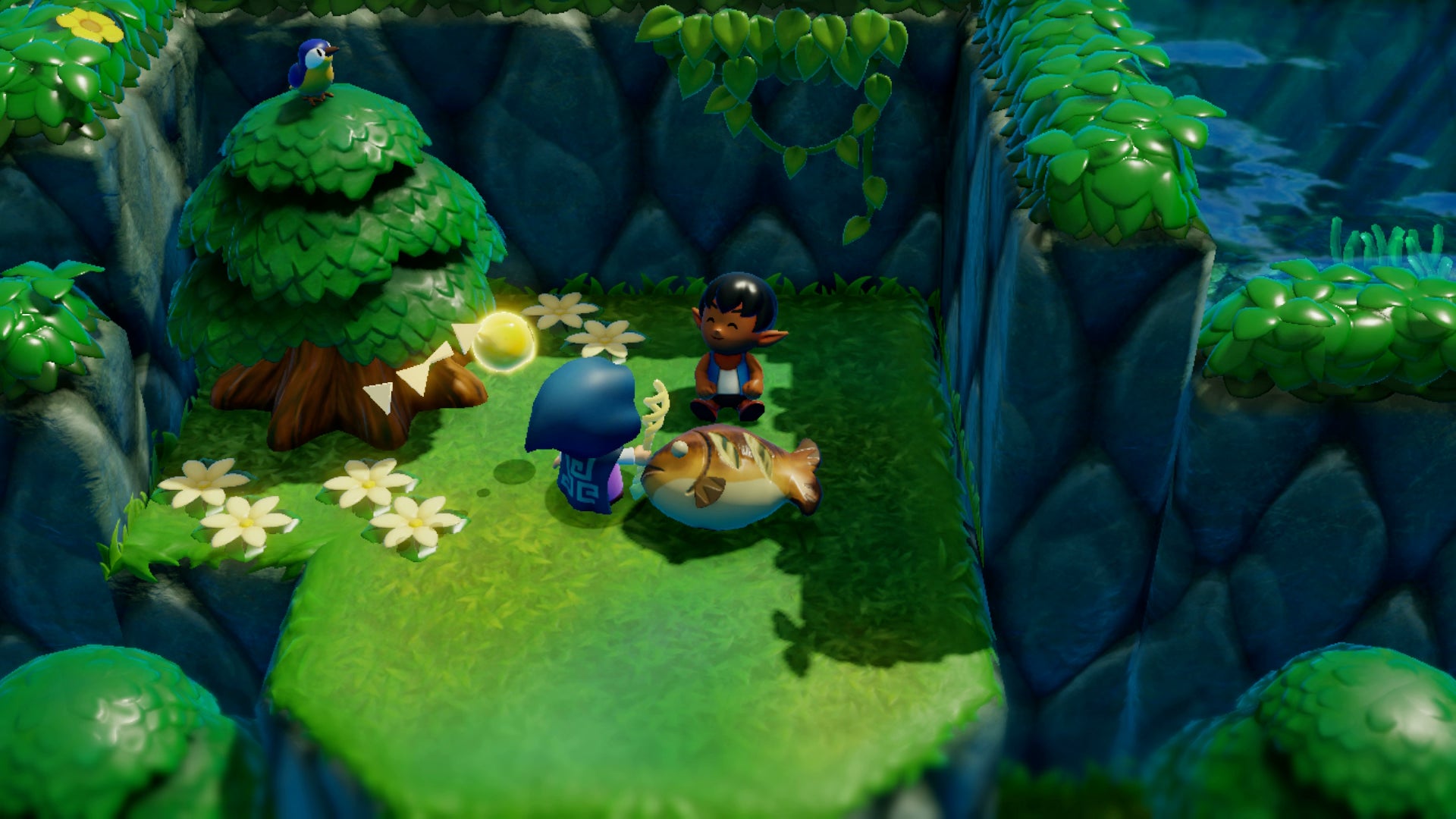 Princess Zelda delivering a large grilled fish to a young boy in Zelda: Echoes of Wisdom. - 1