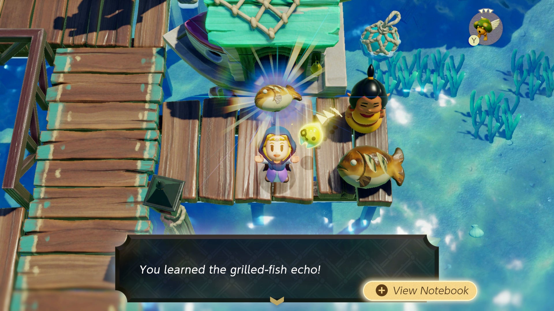 Princess Zelda holding a grilled fish Echo over her head in Zelda: Echoes of Wisdom. - 3