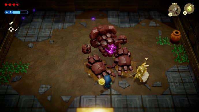 Princess Zelda and a Darknut fighting the Seismic Talus in Zelda: Echoes of Wisdom.