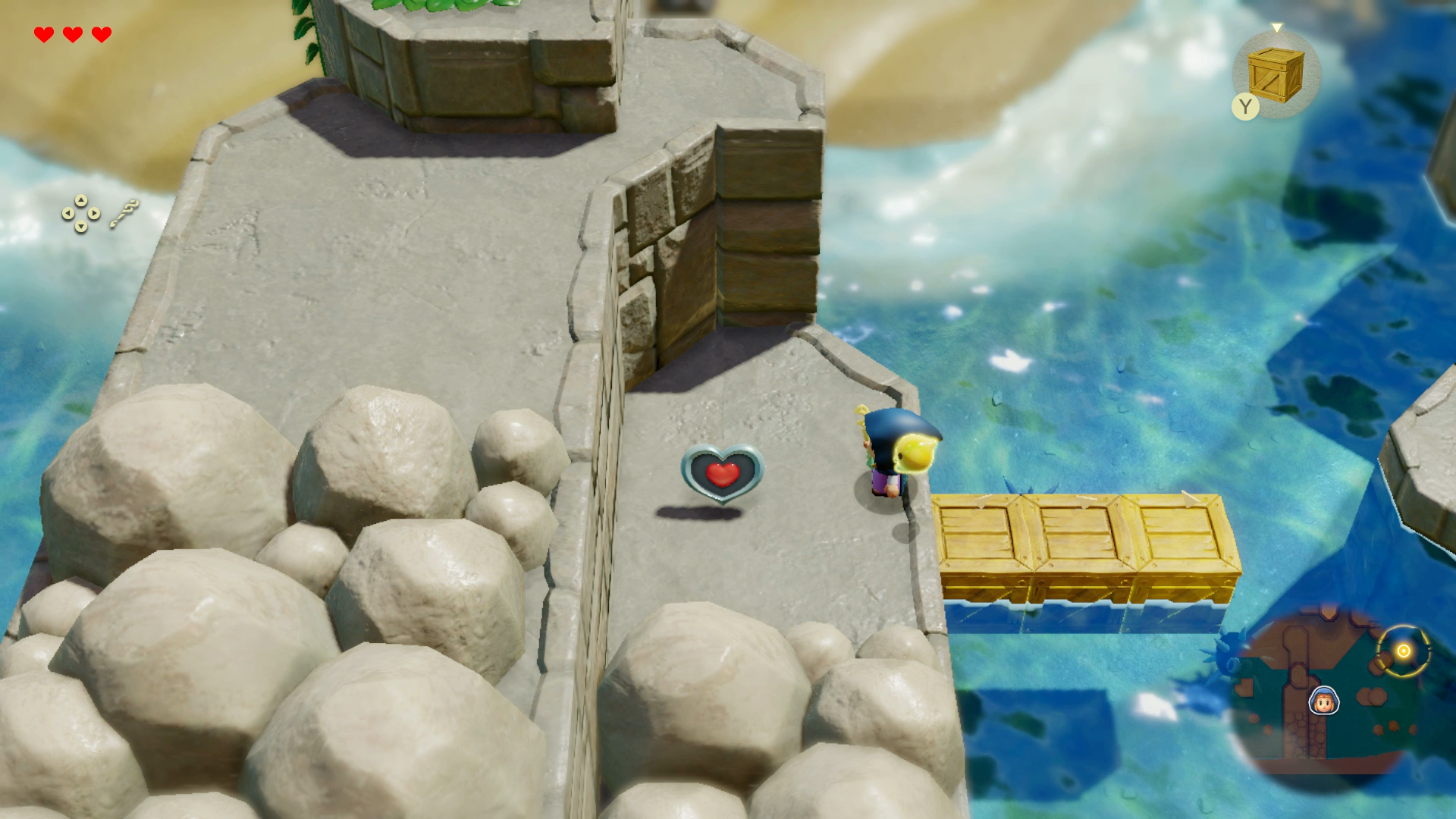 Princess Zelda walking along floating wooden boxes to reach a Heart Piece on Suthorn Beach in Zelda: Echoes of Wisdom. - 1
